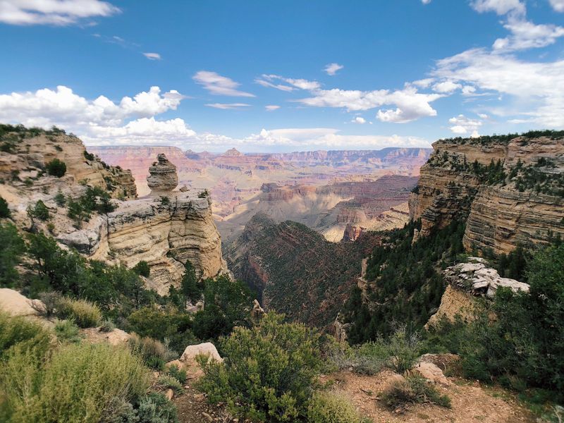 Grand Canyon on a Budget: Free Viewpoints Away From the Crowds Layered rock spires framed by green shrubs and blue sky