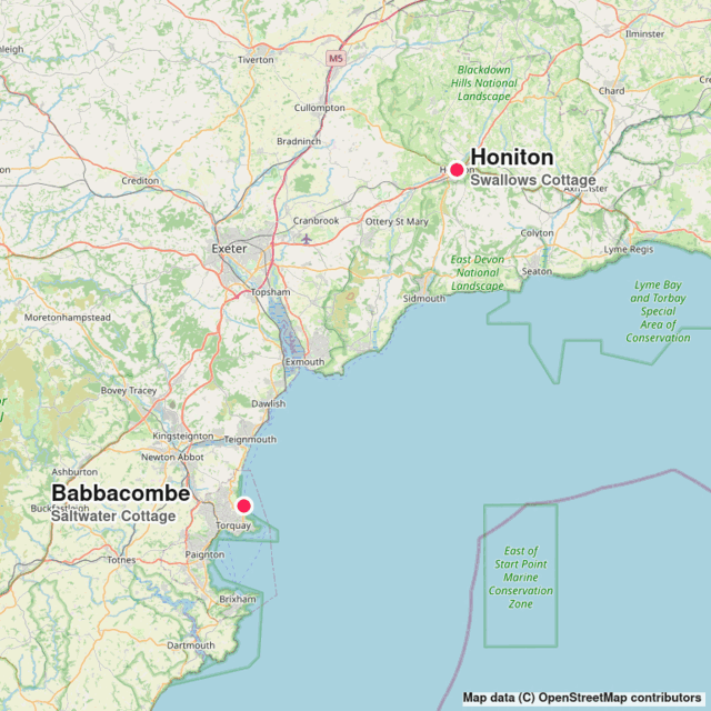 Map of Devon showing Honiton and Babbacombe, the locations of Swallows Cottage and Saltwater Cottage