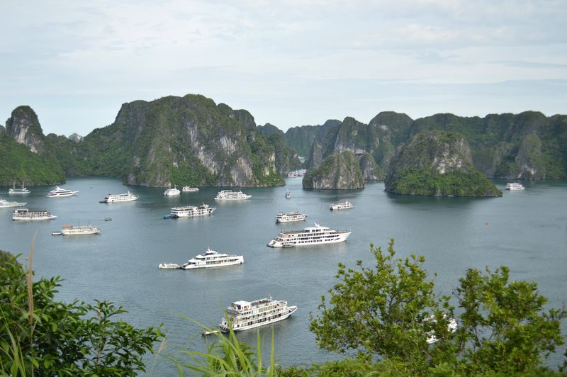Elevated view of limestone karsts with tour boats scattered below