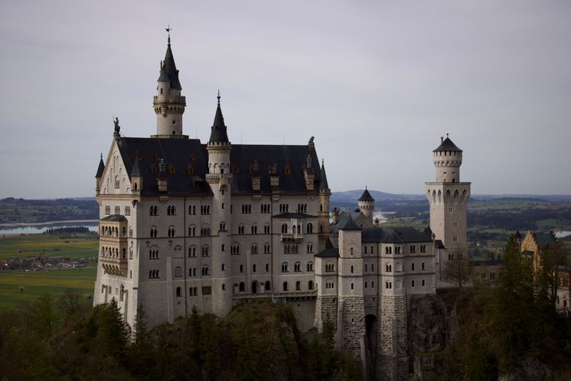 Overcast, muted view of castle towers and courtyard